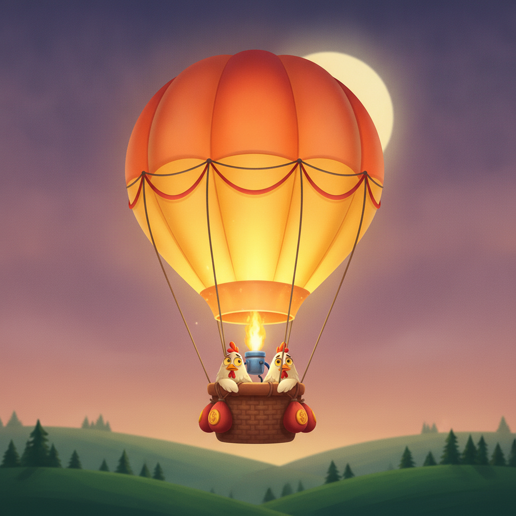 BalloniX gioco crash con mongolfiera dorata pilotata da un pollo cartone animato su sfondo crepuscolare con colline verdi e cielo viola-arancione