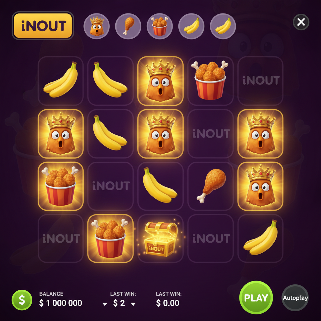 Chicken Banana slot con griglia 5x4 di carte, simboli banana e pollo fritto, jackpot chicken con corone dorate