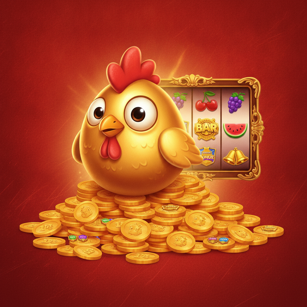 Chicken Coin Hold and Win slot con gallina mascotte dorata seduta su mucchio di monete dorate, griglia 3x4, simboli frutti e jackpot