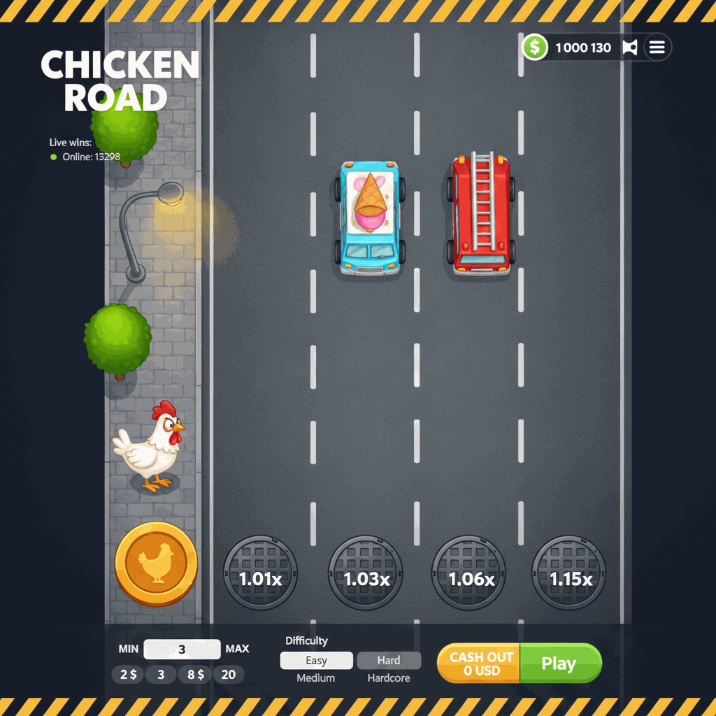 Chicken Road gioco crash di InOut: un pollo bianco attraversa una strada a più corsie vista dall'alto, con indicatori di moltiplicatore su ogni corsia, veicoli in movimento, interfaccia di gioco con pannello di controllo scommesse e pulsante incassa vincita, ambientato in uno scenario urbano con lampioni e alberi