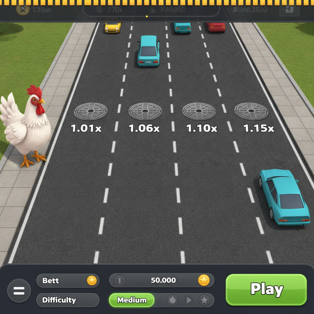Chicken Road 2 gioco slot con pollo bianco che attraversa 6 corsie stradali con moltiplicatori progressivi e automobili