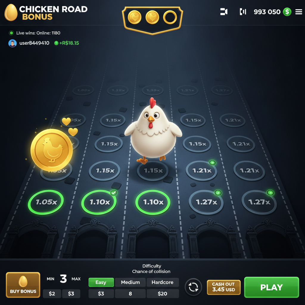 Chicken Road Bonus slot con gallina cartoon che attraversa corsie stradali con moltiplicatori verdi e uova d'oro su sfondo blu navy scuro