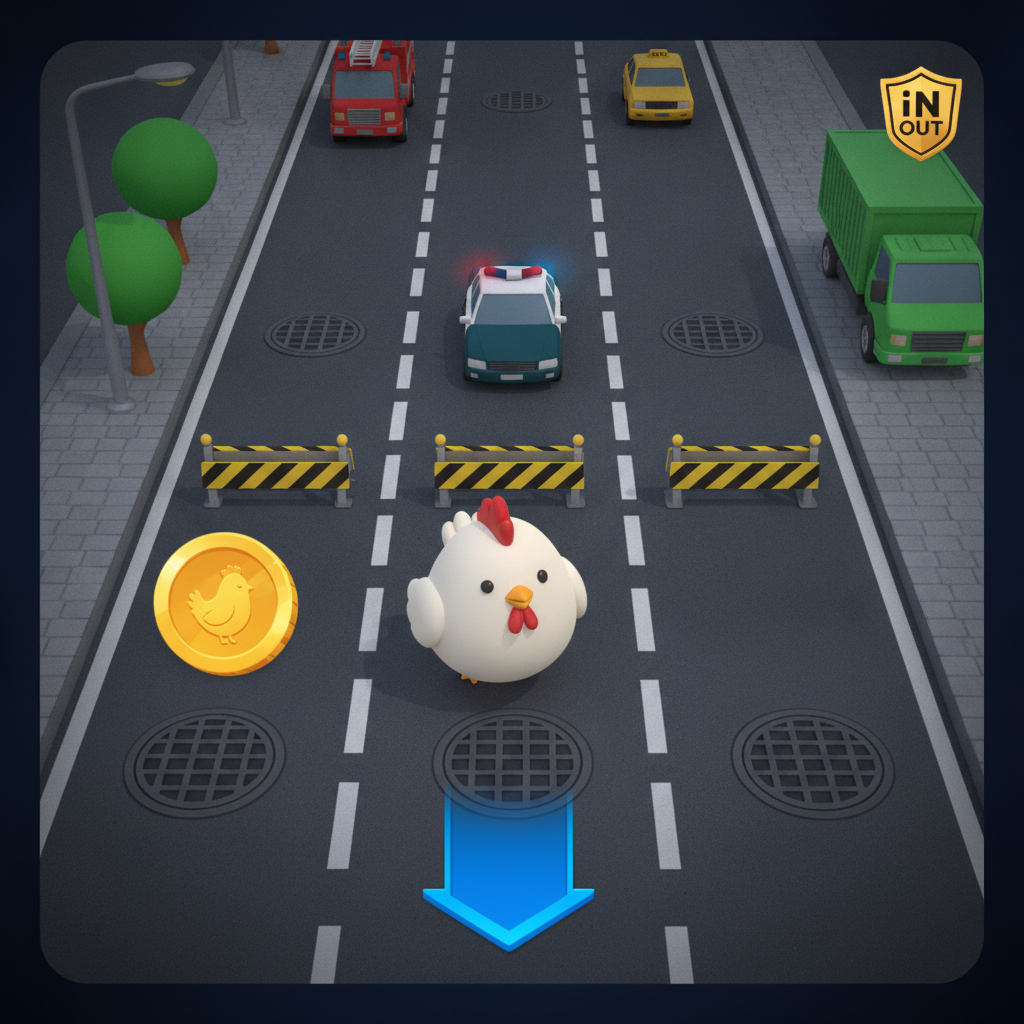 Chicken Road gioco crash: gallina attraversa corsie stradali con automobili colorate, moltiplicatori crescenti e barriere giallo-nere