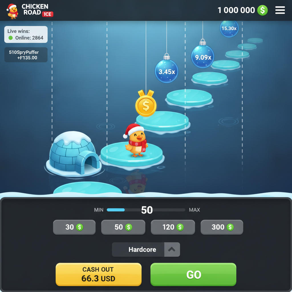 Chicken Road Ice slot machine con pollo natalizio che attraversa lastre di ghiaccio sospese sull'acqua, decorazioni natalizie con moltiplicatori appesi sopra