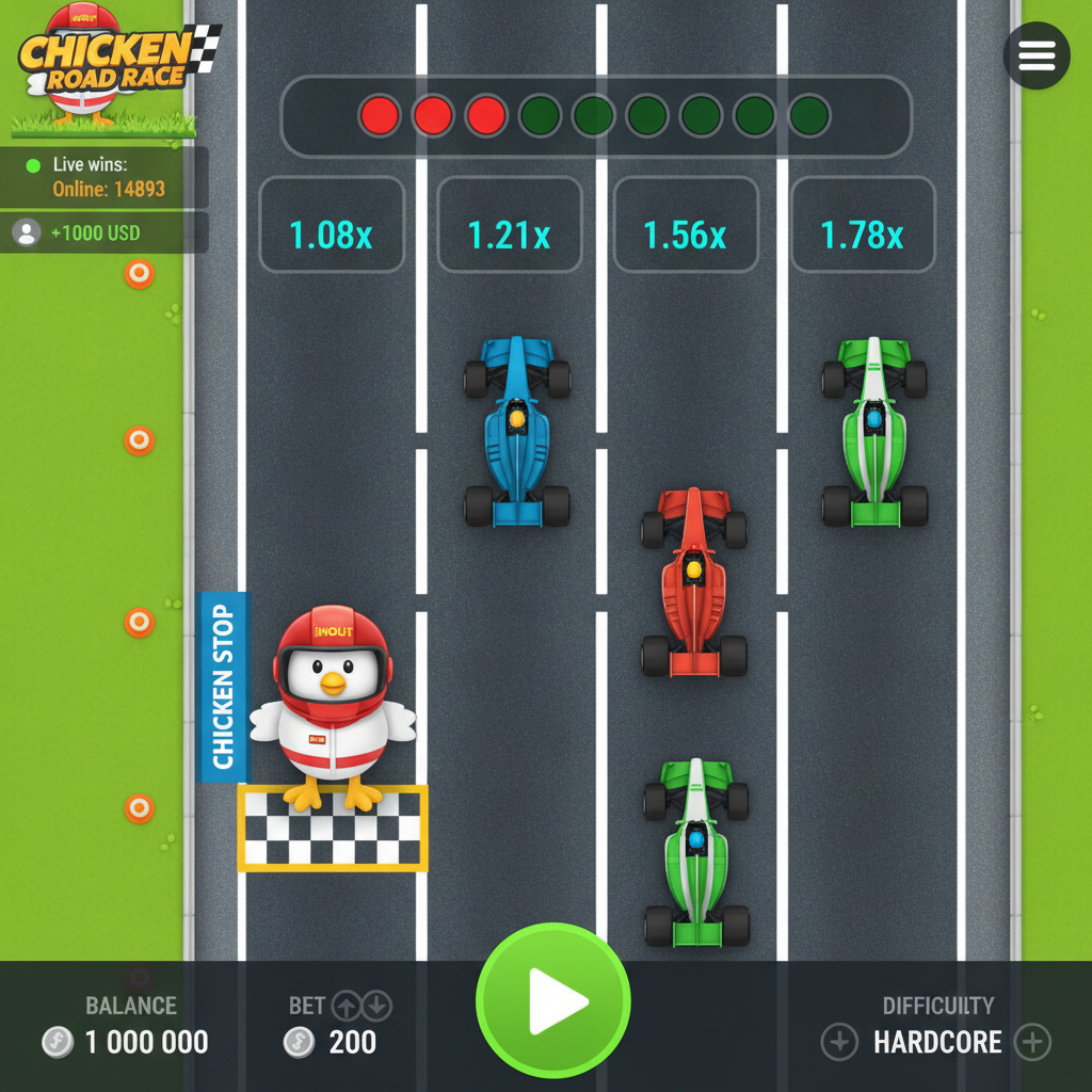 Chicken Road Race slot con gallina mascotte in casco rosso che corre su strada a cinque corsie evitando auto da corsa colorate con moltiplicatori progressivi