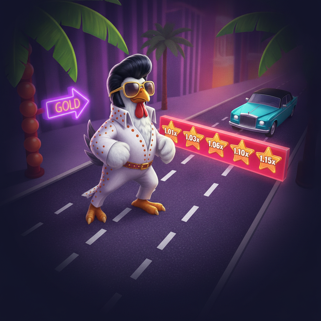 Chicken Road Vegas: pollo Elvis attraversa strada con auto di lusso, moltiplicatori stelle arancioni e sfondo viola Las Vegas