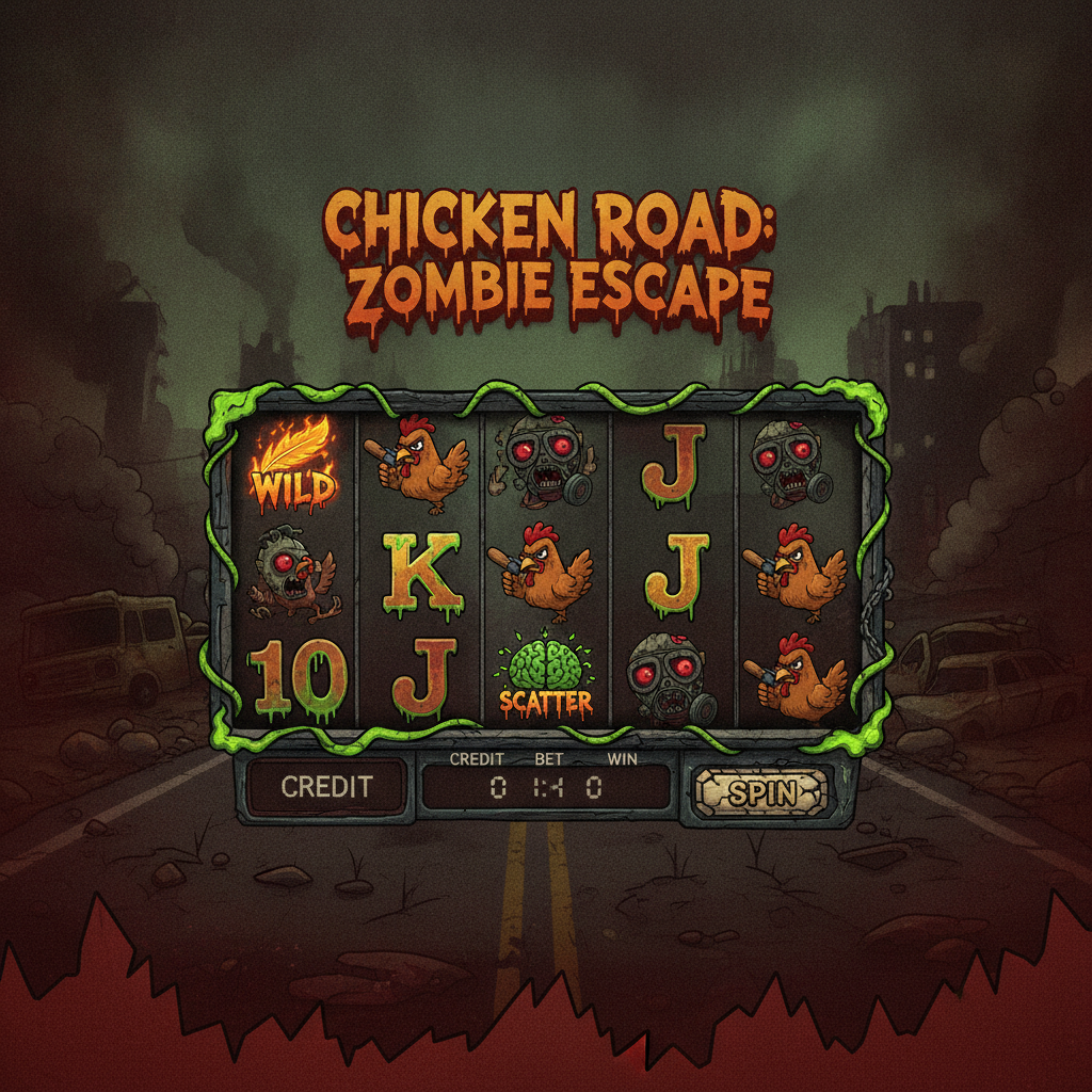 Chicken Road Zombie Escape slot con galline coraggiose, zombie affamati, simboli wild con piume e scatter cervello sullo sfondo di un'apocalisse post-apocalittica