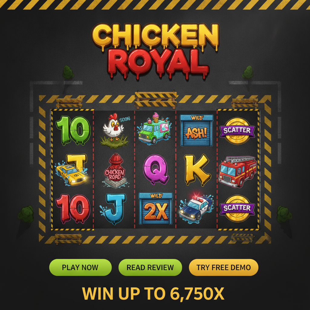 Chicken Royal slot graffiti urbano con pollo cartoon che attraversa la strada, simboli veicoli taxi polizia pompieri, wild garage con moltiplicatori