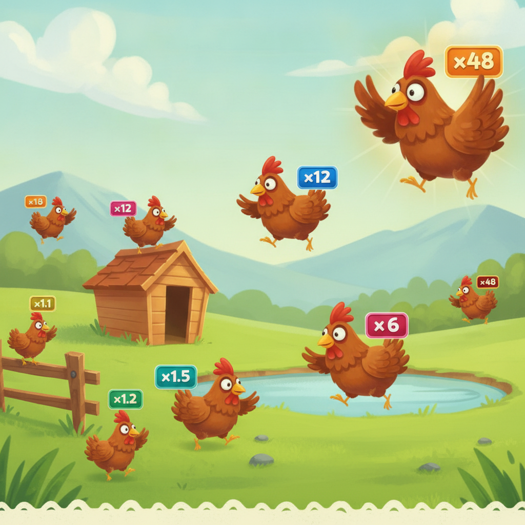 Chicken Shoot slot con polli cartoon che portano moltiplicatori da x1.1 a x48 su sfondo fattoria con prato verde, staccionata in legno e pollaio